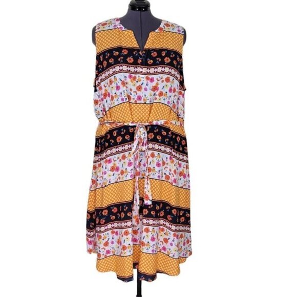 Lane Bryant Midi Dress Size 28 Floral Sleeveless Matching Belt Split Neck New - Picture 1 of 12
